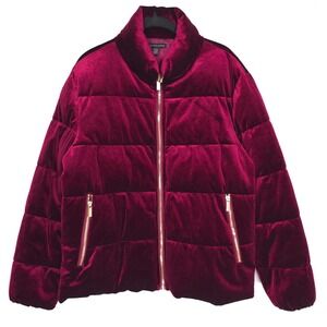 SAKS FIFTH AVENUE Size LARGE Burgundy Velvet Full Zip Puff Jacket Black Label